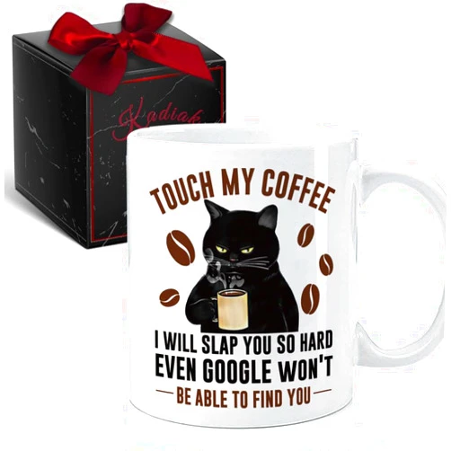 Kadiak Touch My Coffee I'll Slap You So Hard 11oz Black Cat Ceramic Mug, Funny Cat Lover Gift, Classic Whimsical Novelty Coffee Mug