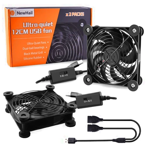 NewHail 2Pack Quiet 120mm USB Fan Dual-Ball Bearings, USB Fan 5V, with L/M/H 3-Degree Speed Controller High Airflow Cooling Fan for Router Modem Receiver DVR PlayStation Xbox TV Box