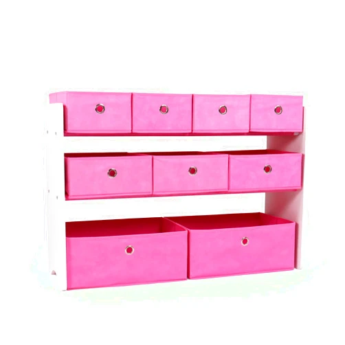 Humble Crew Kids Toy Organizer with 9 Collapsible Fabric Storage, White Wood and Pink Bins