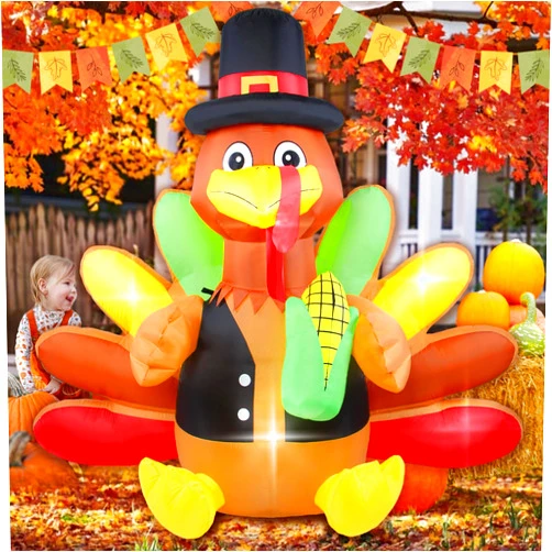Kofero Inflatable Turkey 6FT Height Thanksgiving Decorations Outdoor Blow Up Turkey Giant with Corn and Pilgrim Hat Led Light for Happy Fall Harvest Holiday Indoor Outside Autumn Décor