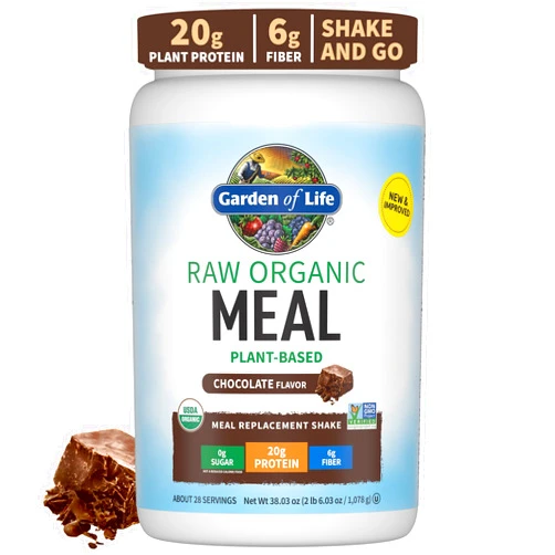 Garden of Life Meal Replacement Shakes, Vegan Protein Powder, Raw Organic Protein Powder, Chocolate Protein Powder with Plant Based Pea Protein, Sprouts, Greens, Probiotics, Dairy Free 28 Servings