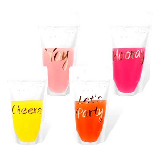 Patelai 20 Pieces Party Drink Pouch Bag with 20 Pieces Drinking Straws Reclosable Zipper Smoothie Juice Pouches Let's Party, Hooray, Yay and Cheers Stand up Pouch Cup for Party Birthday Carnival, 4 Designs