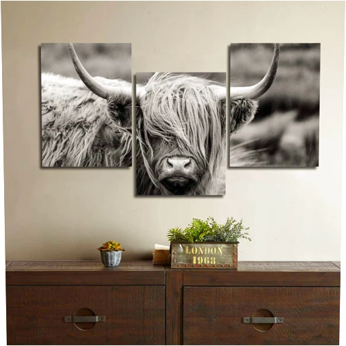 Gardenia Art Scottish Highland Cow Canvas Print Animal Painting Wall Art for Living Room pet Shop Zoo Decoration 12x16 inch/Piece, Framed, 3 Panels