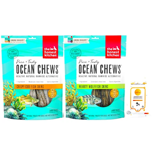 Aurora Pet Variety Pack (2) The Honest Kitchen Ocean Chews Wolfish Skins (6-oz), Cod Fish Skins (5.5-oz) Dehydrated Dog Treats with AuroraPet Wipes