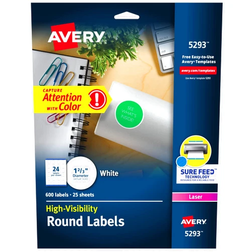 Avery High Visibility Printable Round Labels with Sure Feed, 1-2/3