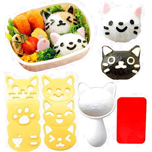 VANVENE Small Rice Ball Mold Sets Lovely Cat Pattern DIY Sushi Bento Nori Kitchen Rice Mould DIY Kitchen Tools with Nori Seaweed Punch Cutter for Home Party Kids meal Make