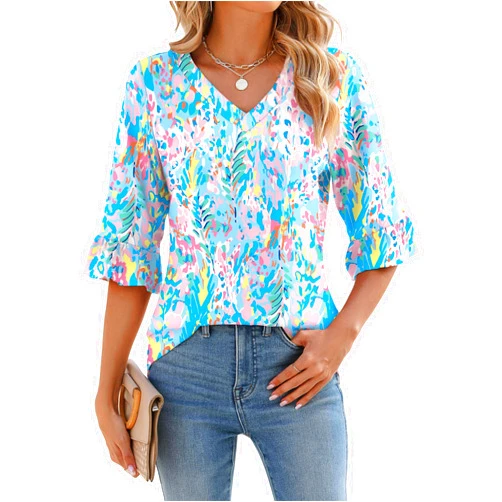 LOMON 3/4 Length Sleeve Womens Tops Summer V-Neck Blouses Spring Ruffle Sleeve Tunic T-Shirts Dressy Casual