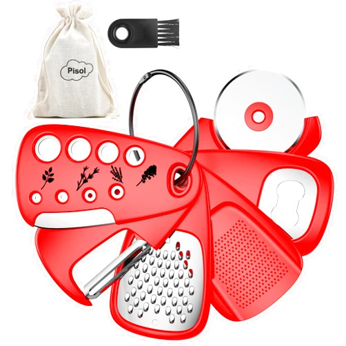 Pisol Kitchen Unique Gadgets Set 6 Pieces, Space Saving, Cheese Grater, Bottle Opener, Fruit Vegetable Peeler, Pizza Cutter, Garlic Ginger Grinder, Herb Stripper Gift Set