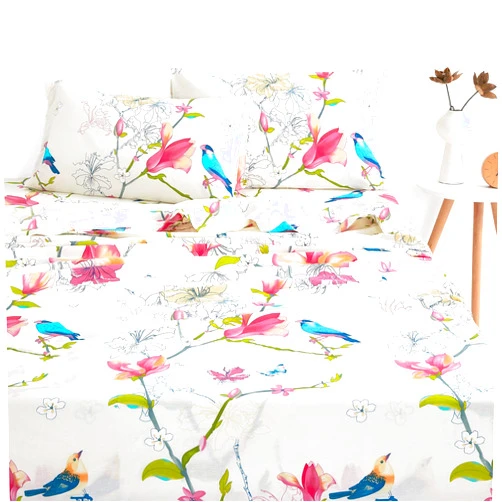 Wake In Cloud - Floral Bed Sheets, 100% Cotton, 4-Piece Sheet Set, Bird Patterned Printed Botanical Boho Flower Aesthetic Bedding, Deep Pocket, Pink Beige, Queen Size