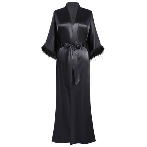 PRODESIGN Satin Kimono Robe Long Silky Bath Robe with Ostrich Feather Trim Sleepwear Wedding Bridesmaid Robe