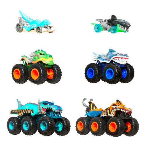 Hot Wheels Toy Cars & Monster Trucks, Sharks vs. Dinos Multipack with 2 Big Rigs, 2 1:64 Scale Monster Trucks & 2 1:64 Scale Hot Wheels Vehicles