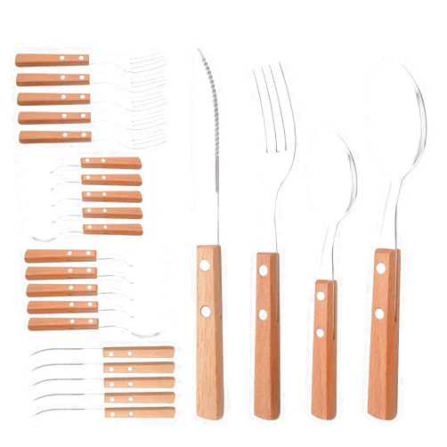Uniturcky Silver Flatware Set with Natural Wood Handle, 24 PCS Silverware Set for 6, Premium 18/8 (304) Stainless Steel Cutlery Set, Forks Spoons and Knives Set for Home/Camping/Travel, Mirror Finish