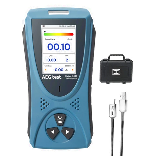 AEGTEST Radiation Detector AEGTEST Radar-5633 Portable Nuclear Radiation Detector with LCD Screen, Rechargeable Dosimeter for Beta Gamma X-ray Detection, Measures in CPM μSv/h μR/h μSv - Blue