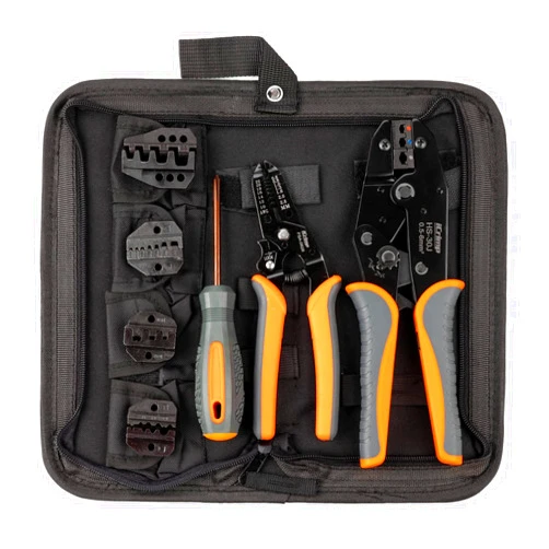 IWISS iCrimp Ratchet Wire Crimping Tool Set w/ 5 Interchangeable Jaws for Insulated and Non-Insulated Terminals AWG20-2, Wire Stripper included