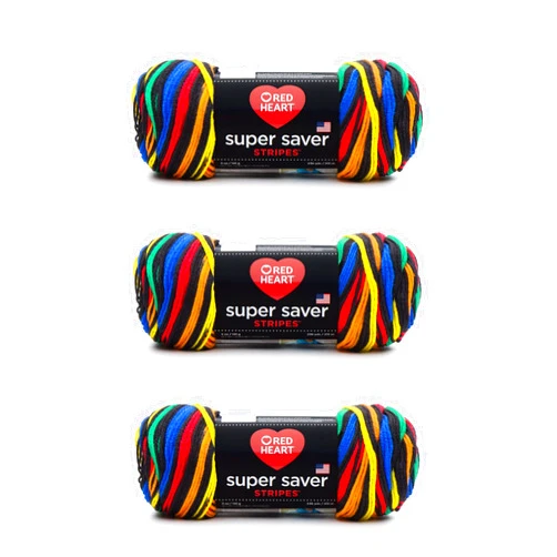 Red Heart Super Saver Primary Stripes Yarn - 3 Pack of 141g/5oz - Acrylic - 4 Medium (Worsted) - 236 Yards - Knitting/Crochet