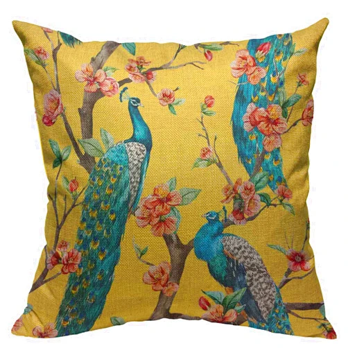 VERSUSWOLF Throw Pillow Covers Vintage Watercolor with Peacock On Tree Cherry Flowering Trees with Flowers Yellow Colorful Bird Linen Decorative Square Pillowcases Cushion Cover 18 X 18 Inch