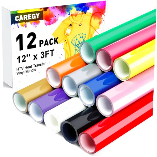 CAREGY HTV Vinyl Bundle Heat Transfer Vinyl(12 Pack) - 12 Inch by 3 Feet HTV Vinyl Rolls, Easy to Cut Iron on Vinyl for Cricut & Cameo, Easy to Weed Heat Transfer Vinyl