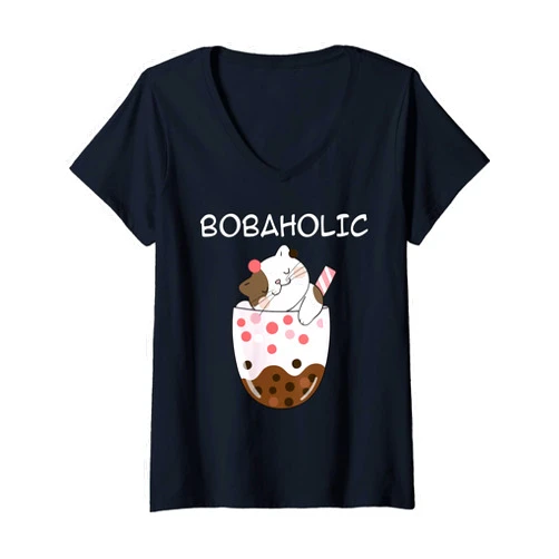 Bobaholic Cat Boba Ice Bubble Tea Lover Womens Bobaholic Kawaii Cat Boba Ice Bubble Tea Anime Japanese Tee V-Neck T-Shirt
