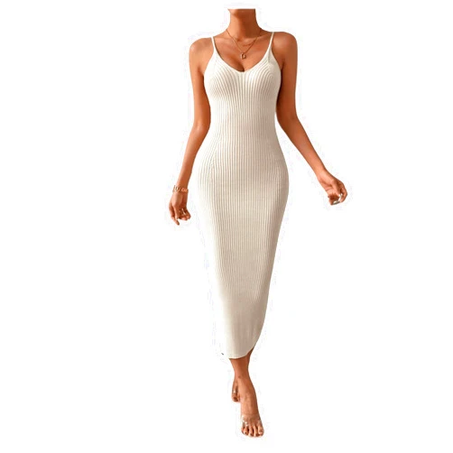 GORGLITTER Women's Ribbed Knit Sweater Dress Backless V Neck Sleeveless Bodycon Midi Dresses
