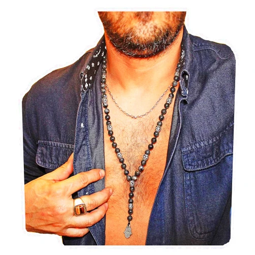 Liliya Jewelry Men’s Crystal Necklace – Handmade Long Lariat Necklace for Men – Labradorite Healing Crystal Necklace with Hamsa Pendant – Beaded Gemstone Necklace for Protection and Spiritual Healing