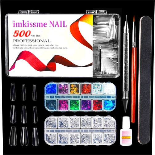 Imkissme Long Clear Coffin Nail Tips Kits, 500Pcs Full Cover Ballerina Acrylic Press On Nails with Glue/AB Crystal Rhinestones/Butterfly Nail Glitter/Nail Brush/Dotting Pen/Nail file for Nail Art