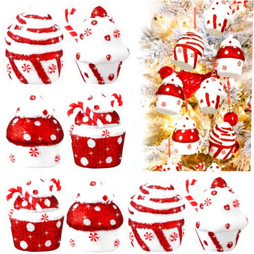 Vercraft 8 Pcs Christmas 3D Cupcake Ornaments for Christmas Tree Hanging Candy Cane Cupcake Ornaments Lollipop Dessert Ornaments for Christmas Party Tree Pendant Decorations