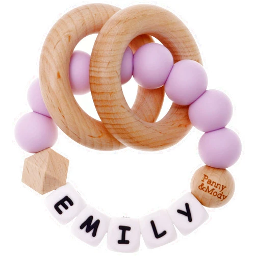 Panny & Mody Personalized Baby Gift Circle with Name, Customizable Silicone Circle with Natural Organic Beech Wood Circles for Gift - Light Purple