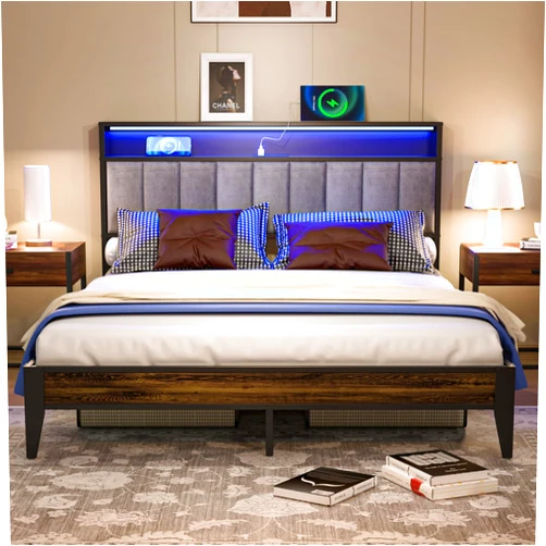 LECEVOCY Queen Bed Frame, Queen Size Metal Platform with Storage & LED Light Headboard and 1 Type C & 2 USB Charging Station, No Box Spring Needed|Noise Free and Easy Assembly Tool