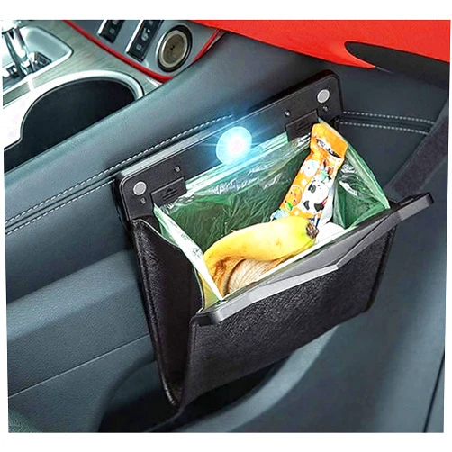 CREOMG Car Trash Bag, Superior PU Leather with LED Light and Magnet Closure Design, Bundle with Tissue Box and 30 Disposable Inner Garbage Bags, Waterproof Vehicle Rubbish Container Garbage Can