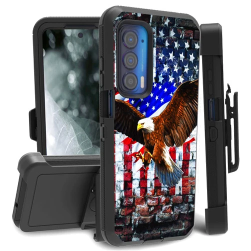 EDGFRTOIO for Motorola Edge 2021 Case/Moto Edge 5G UW Case, Full-Body Rugged Shockproof/DustProof Triple-Layer Durable Protective Cover Holster with Swivel Belt-Clip, Patriotic Eagle USA Flag