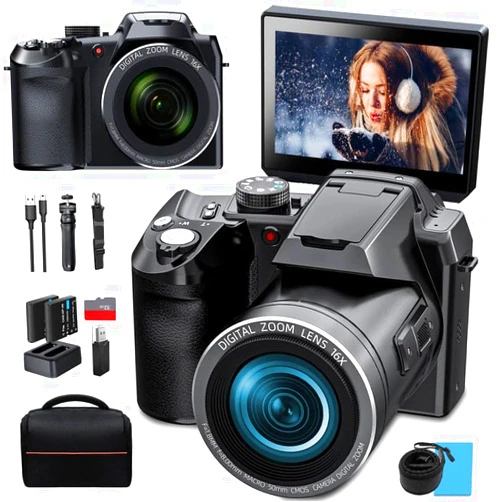 Monitech 64MP Digital Camera for Photography and Video, 4K Vlogging Camera for YouTube with 3’’ Flip Screen,16X Digital Zoom, WiFi& Autofocus,Cameras Strap&Tripod,2 Batteries, 32GB TF Card(S200,Black)