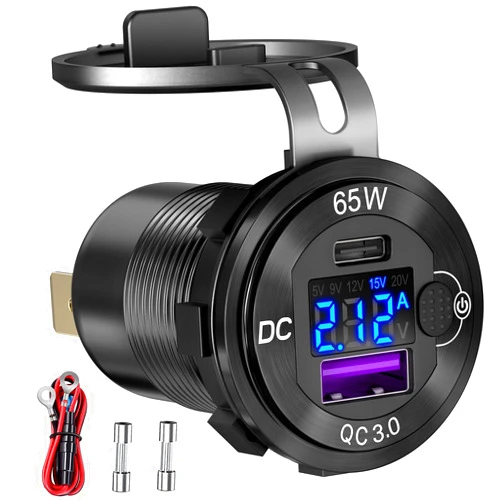 Ouffun 83W 12 Volt USB Outlet Built-in Boost USB C Laptop Car Charger: Ouffun 65W PD3.0 and 18W QC3.0 Car USB Port Aluminum Socket with Button Switch Smart Voltmeter, Suitable for Car RV Marine Golf Cart