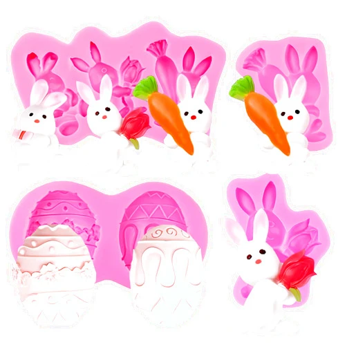 FMOYSIEN 4 Pack Easter Molds Easter Fondant Molds,3D Cute Bunny Rabbit Silicon Mold Egg Shaped Silicone Mold for Baking Cakes, Chocolate and Candy (Pink)