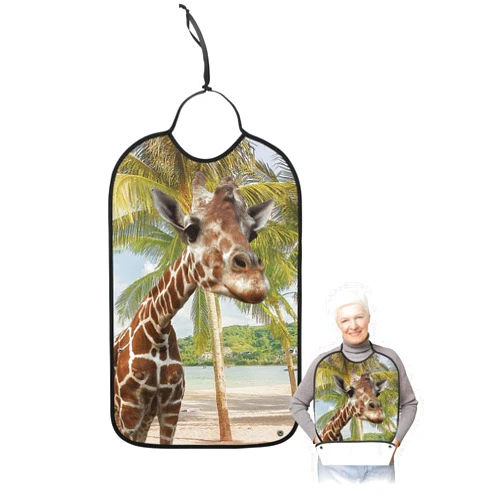 Funnywall88 Adult Bibs Beach Giraffe Coconut Tree Waterproof Apron for Elderly, Women for Eating with Adjustable Strap Snap Closure - Washable with Optional Crumb Catcher, Reusable, Large