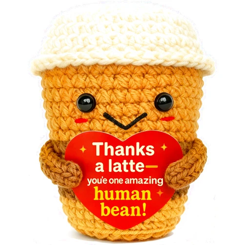 Krinisou Thank You & Appreciation Gift for Women Men, Coworkers, Teachers, Friends – Cute Handmade Crochet “Thanks a Latte” Coffee Cup Plush for Coffee Lovers