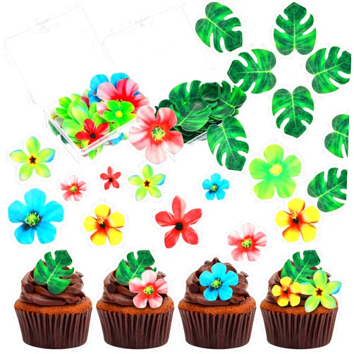 Chinco 83 Pcs Cupcake Topper Leaves and Flowers Cupcake Toppers Set Stitch Cupcake Toppers Hawaiian Luau Cake Decorations for Summer Birthday Wedding Party Cake Decor