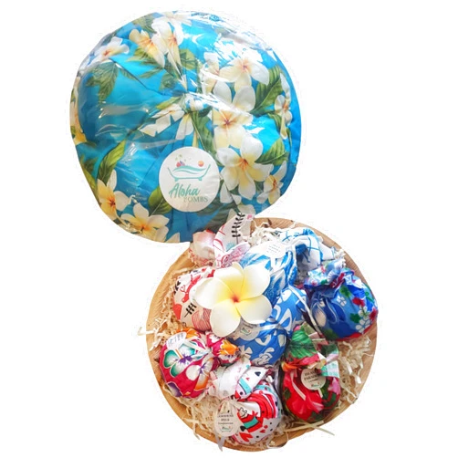ALOHA BOMBS Handmade Bath Bomb Gift Pack Assortment wrapped in Plumeria Blue Floral Fabric