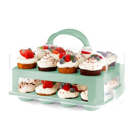 MosJos Cupcake Carrier 24 Count - Sturdy Cupcake Holder with Lid & 2 Handles, Stylish Two-Tier Cupcake Carrier/Stand, Spacious 3.5” Top & Bottom Tray