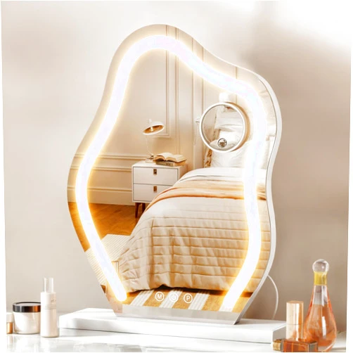 DWVO Vanity Mirror with LED Lights, Large Makeup Mirror Cloud Shape, Smart Touch Dimmable 3-Color Light & 5X Magnification, Memory Function Touch Control for Vanity Desk Tabletop
