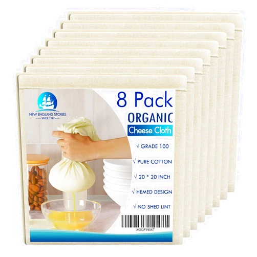 New England Stories 8 PCS Reusable Cheesecloth, Grade 100, 20x20 Inch Hemmed Organic Cheese Cloth for Straining Craft, 100% Cotton Unbleached Cloth Strainer for Cooking, Baking, Juicing, Cheese Making