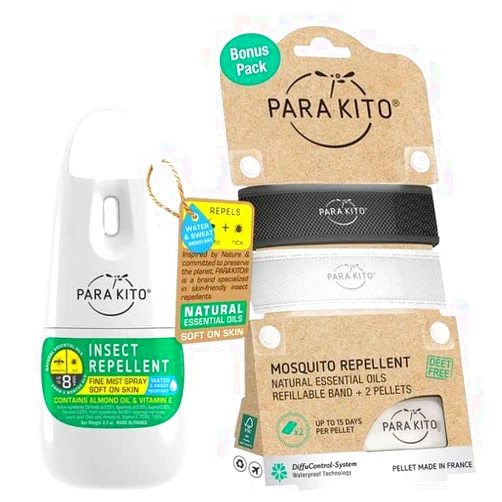 Para'Kito Mosquito Bonus Pack - 2 Mosquito Wristbands | 2 Refills (Black + White) + Insect Repellent Spray