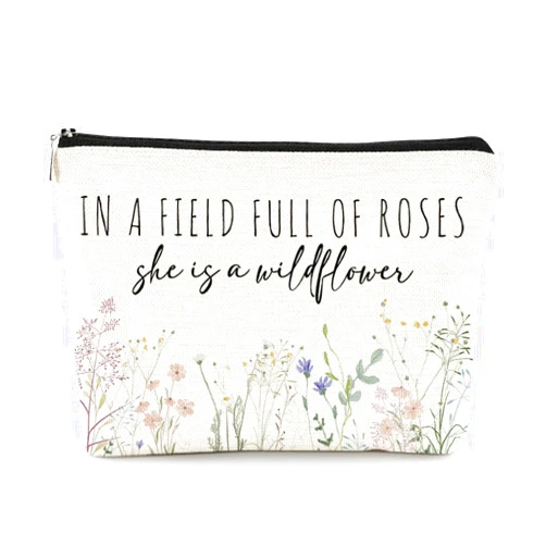 EXUQO Inspirational Small Makeup Bag,In a Field Full of Roses She Is a Wildflower Floral Cosmetic Bag for Women,Gifts for Girls Friends Sisters