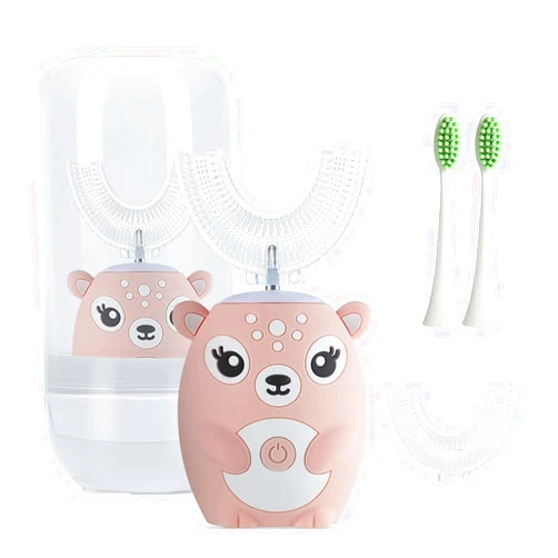 JIANLEJIA Kids Electric Toothbrushs U Shaped sonic Automatic Toothbrush with 4 Brush Heads, Six Cleaning Modes,Cartoon deer Modeling , full mouth toothbrush for baby