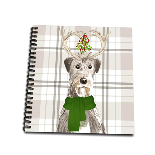 3dRose Drawing Book 8 x 8 inch - An Irish Wolfhound in Antlers with Mistletoe and Plaid Christmas Dogr Fleas NaviDOG Collection