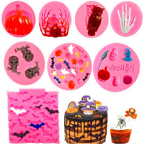 JJzxwish 8 Pcs Halloween Molds, Halloween Silicone Mold for Chocolate Resin, Pumpkin Skelton Hand Spider Ghost Witch Pumpkin Fondant Mold Skull Mini Candy Mold Silicone Baking Mold for Halloween Party Cupcake