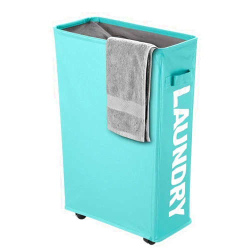 IHOMAGIC Slim Rolling Laundry Basket with Wheel, Rectangle Storage Hamper - Thin Laundry Basket Corner Fittable Laundry Bin Flexible Handle Laundry Sorter for Dormitory, Hotel, 39x18.5x58cm 41L, Blue