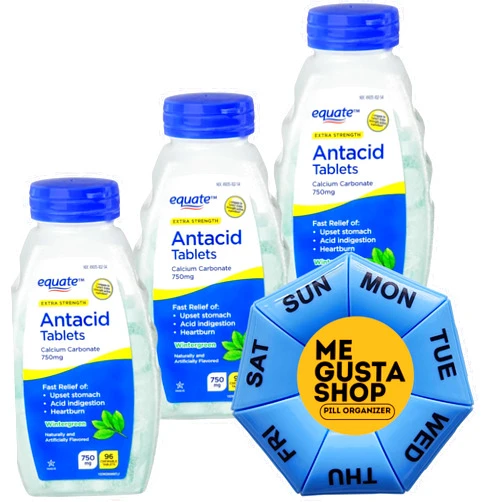 ME GUSTA SHOP Equate Extra Strength Antacid Chewable Wintergreen Tablets, 750 mg, 96 Ct Pack of 03 Total 288ct Includes Pill Organizer
