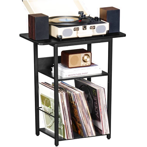 LEBOAHOUS 3 Tier Record Player Stand, Industrial Turntable Stand with Storage Shelf Up to 100 Albums, Black Printer Stand for Office Fax Machine Files Scanner, End Side Table for Living Room, Bedroom