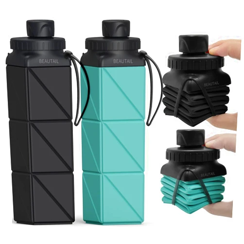 BEAUTAIL Collapsible Water Bottles, Silicone Foldable Water Bottle 610ml, Portable Lightweight Reusable Leakproof Bottle for Gym Travel Camping Hiking Sports Outdoor, 2 Pack, Black+Blue