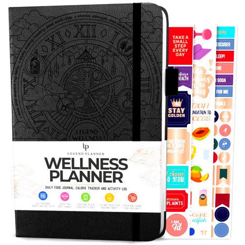 Legend Planner Legend Wellness Planner & Food Journal – Daily Diet & Health Journal with Weight Loss, Measurement & Exercise Trackers – Lifestyle & Nutrition Diary – Lasts 6 Months, A5 size – Black